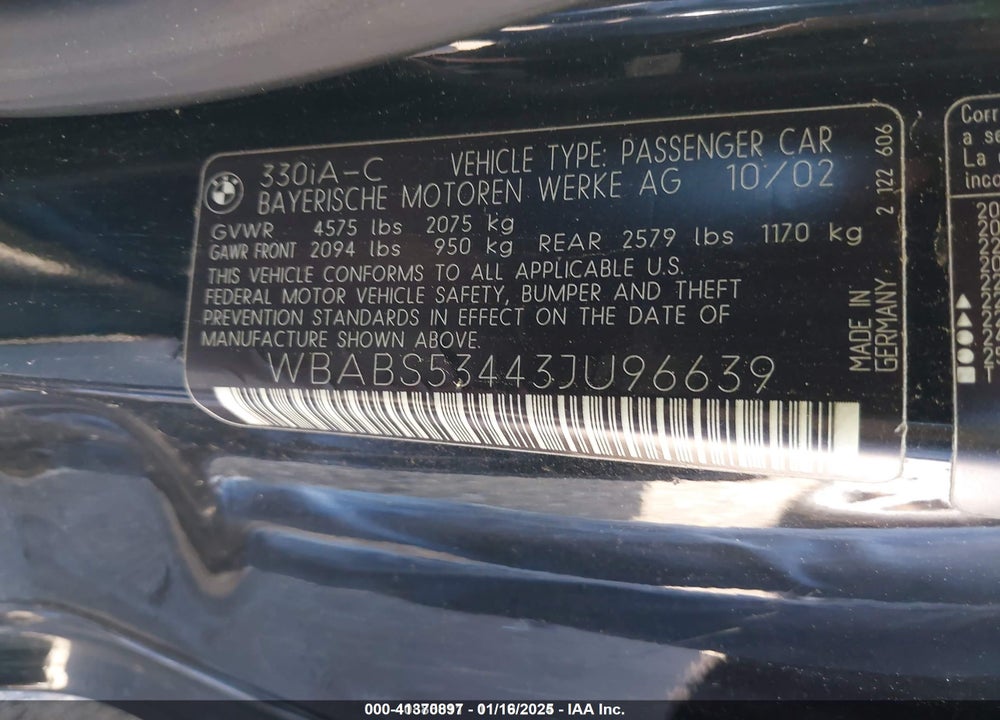 2003 BMW 330CI VIN: WBABS53443JU96639