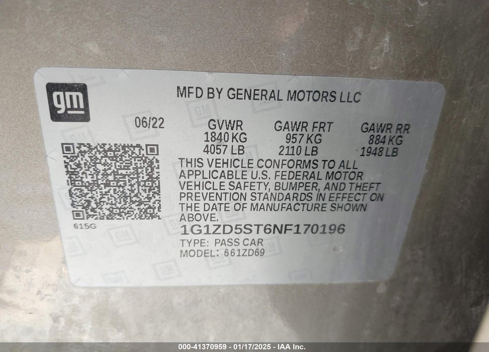 2022 CHEVROLET MALIBU FWD LT VIN: 1G1ZD5ST6NF170196