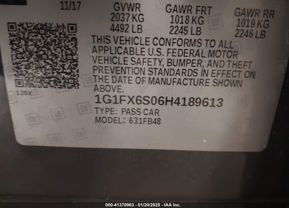 2017 CHEVROLET BOLT EV VIN: 1G1FX6S06H4189613