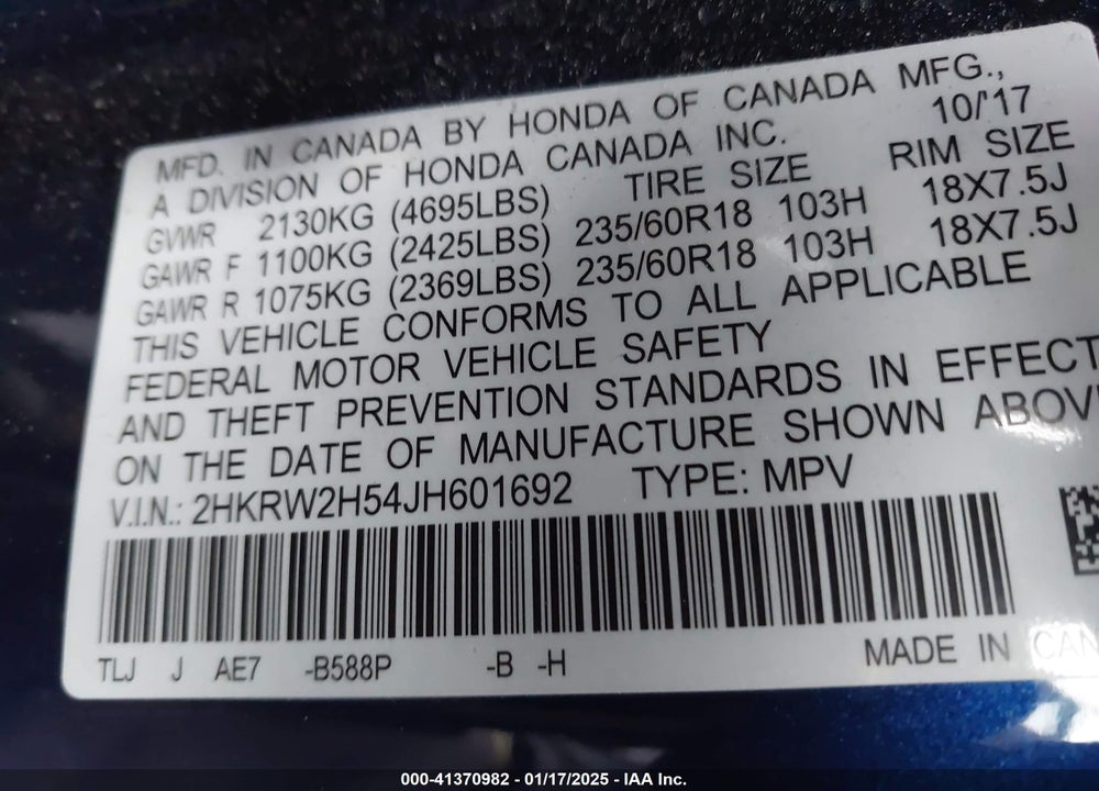 2018 HONDA CR-V VIN: 2HKRW2H54JH601692