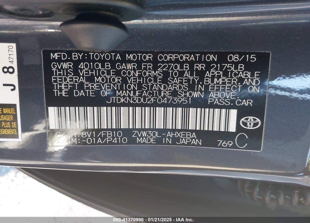 2015 TOYOTA PRIUS VIN: JTDKN3DU2F0473951