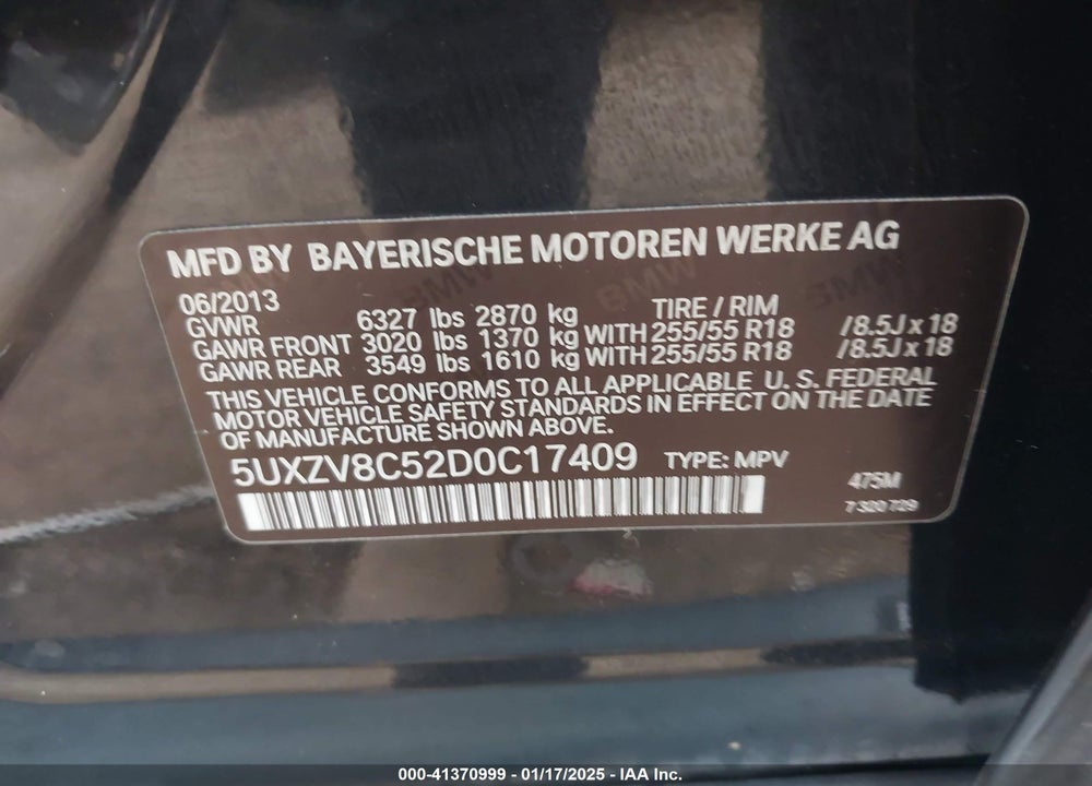 2013 BMW X5 XDRIVE50I VIN: 5UXZV8C52D0C17409