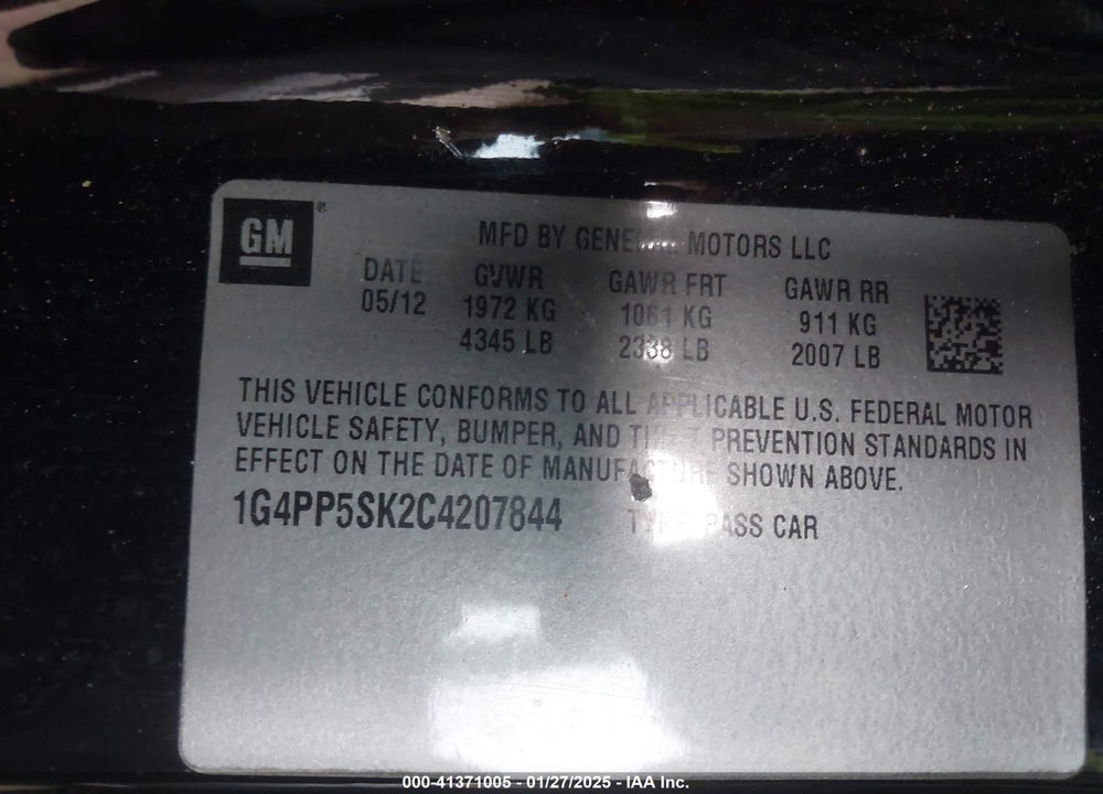 2012 BUICK VERANO VIN: 1G4PP5SK2C4207844