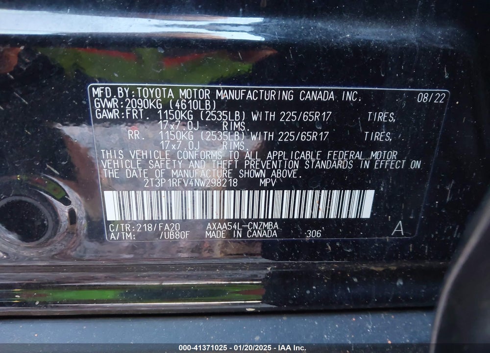 2022 TOYOTA RAV4 XLE VIN: 2T3P1RFV4NW298218