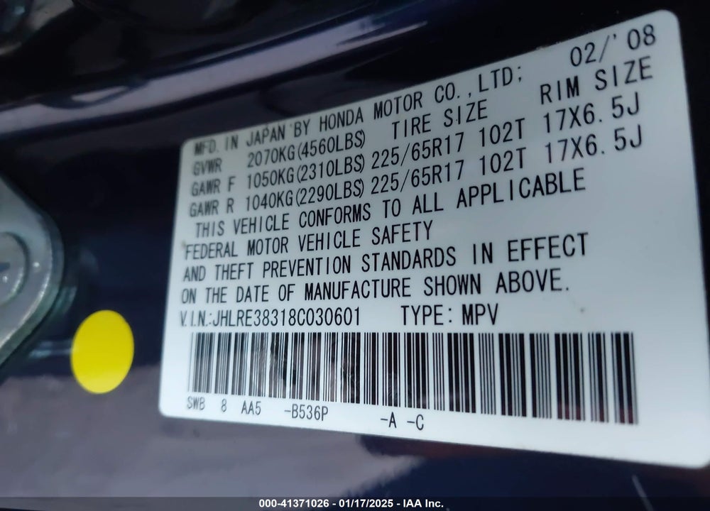 2008 HONDA CR-V LX VIN: JHLRE38318C030601