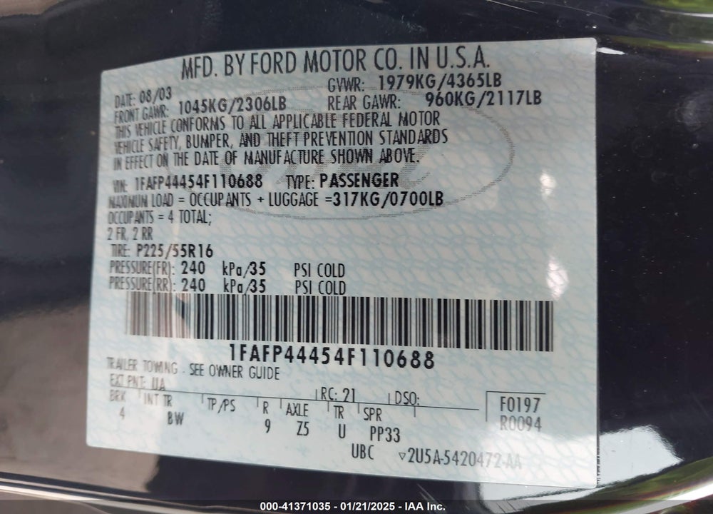 2004 FORD MUSTANG VIN: 1FAFP44454F110688