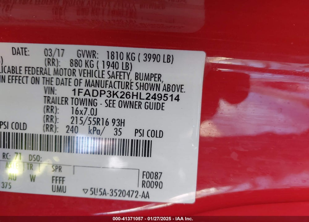 2017 FORD FOCUS VIN: 1FADP3K26HL249514