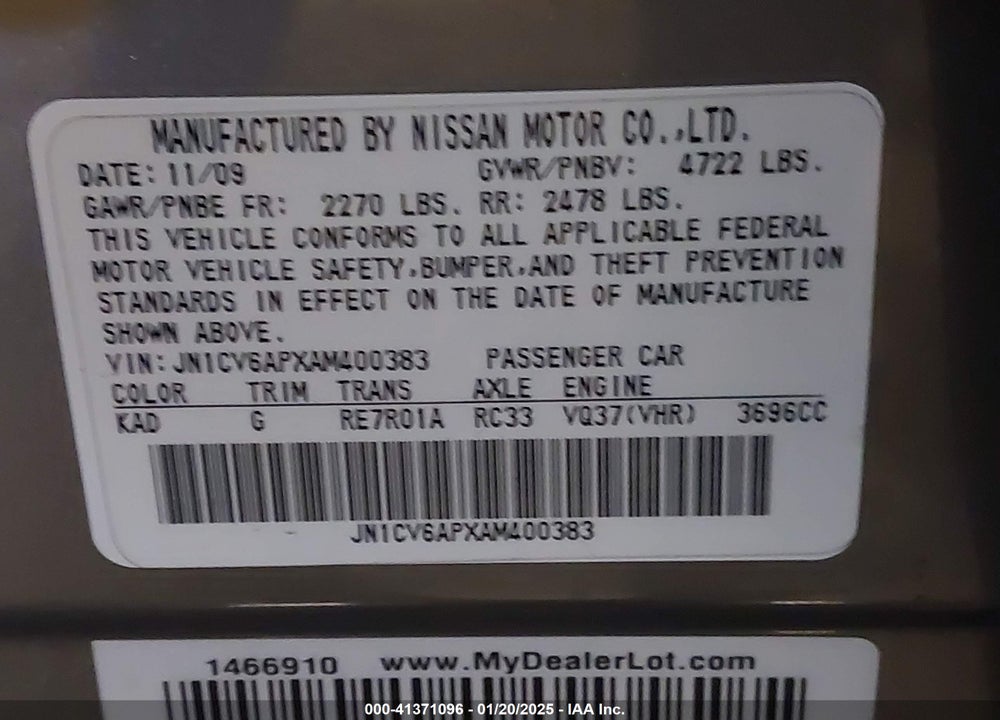 2010 INFINITI G37 JOURNEY VIN: JN1CV6APXAM400383