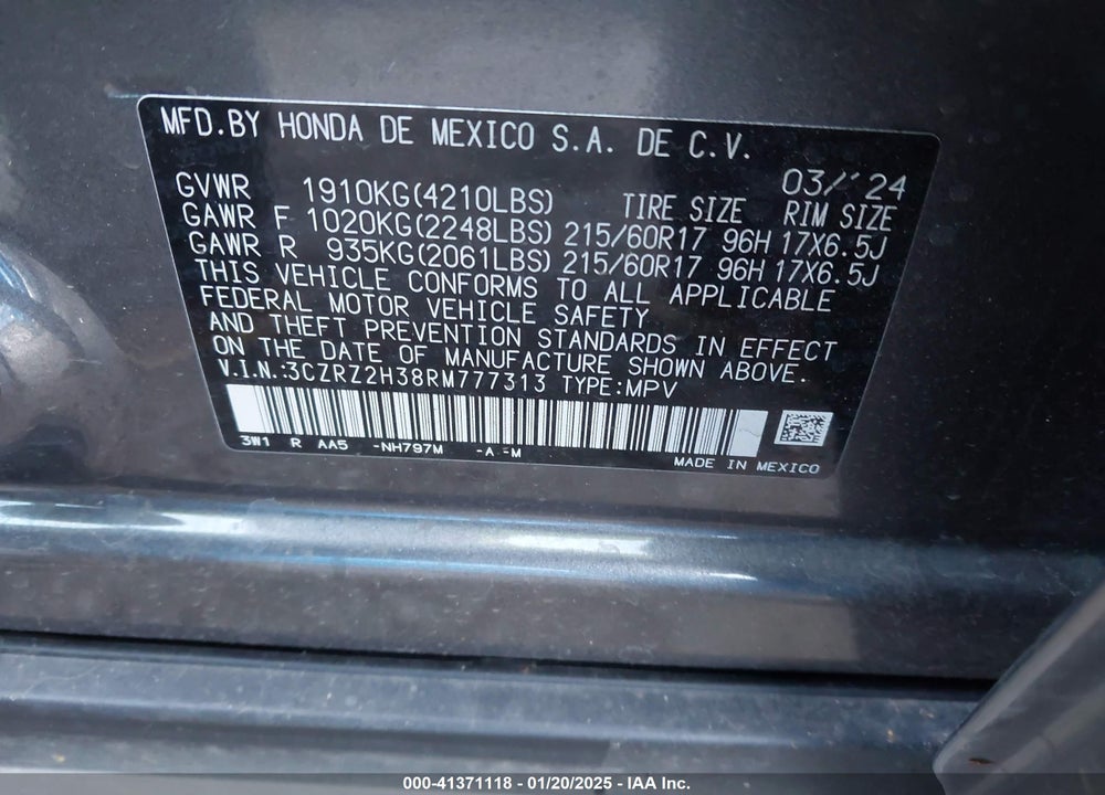 2024 HONDA HR-V AWD LX VIN: 3CZRZ2H38RM777313