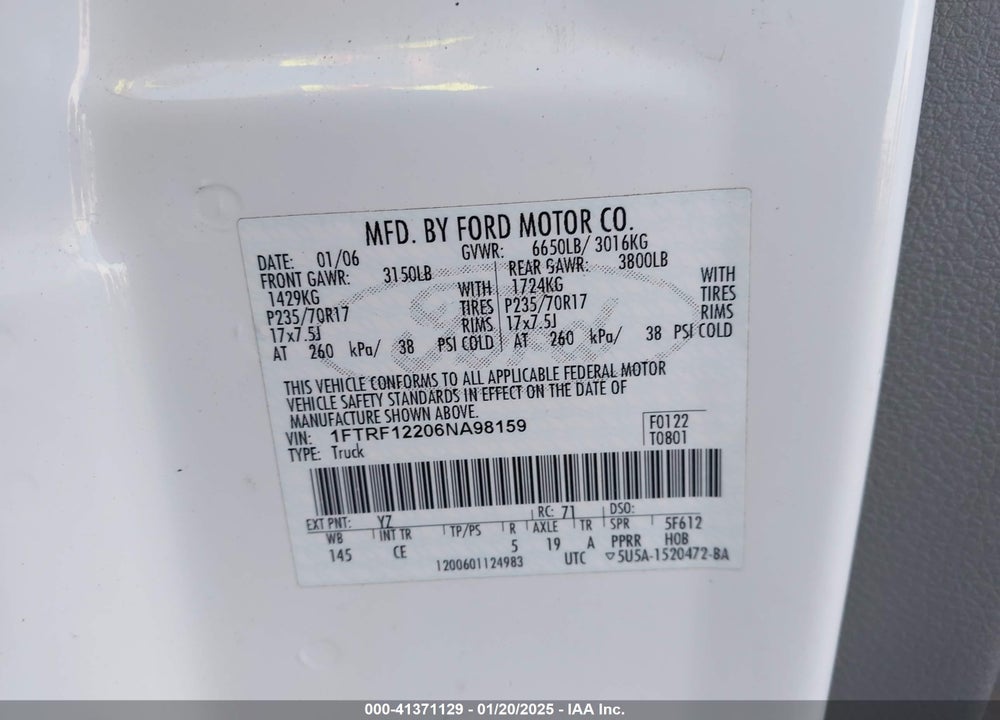 2006 FORD F-150 STX/XL/XLT VIN: 1FTRF12206NA98159