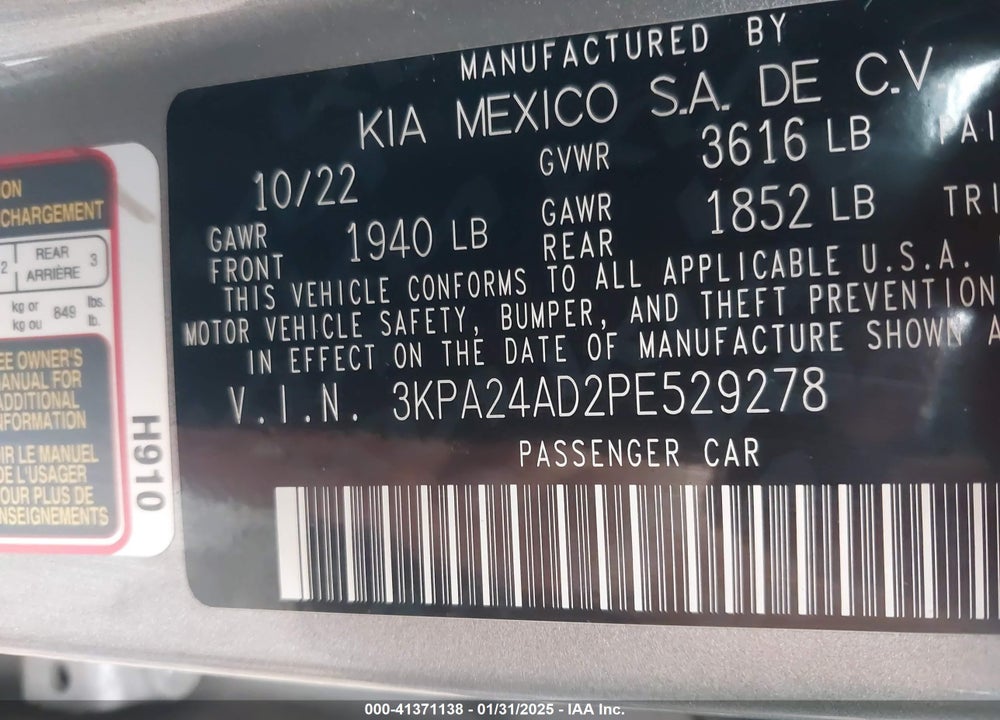 2023 KIA RIO VIN: 3KPA24AD2PE529278