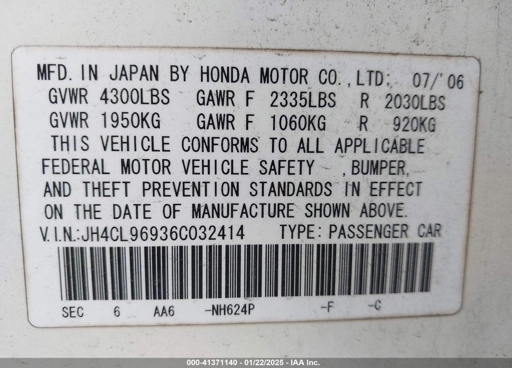 2006 ACURA TSX VIN: JH4CL96936C032414