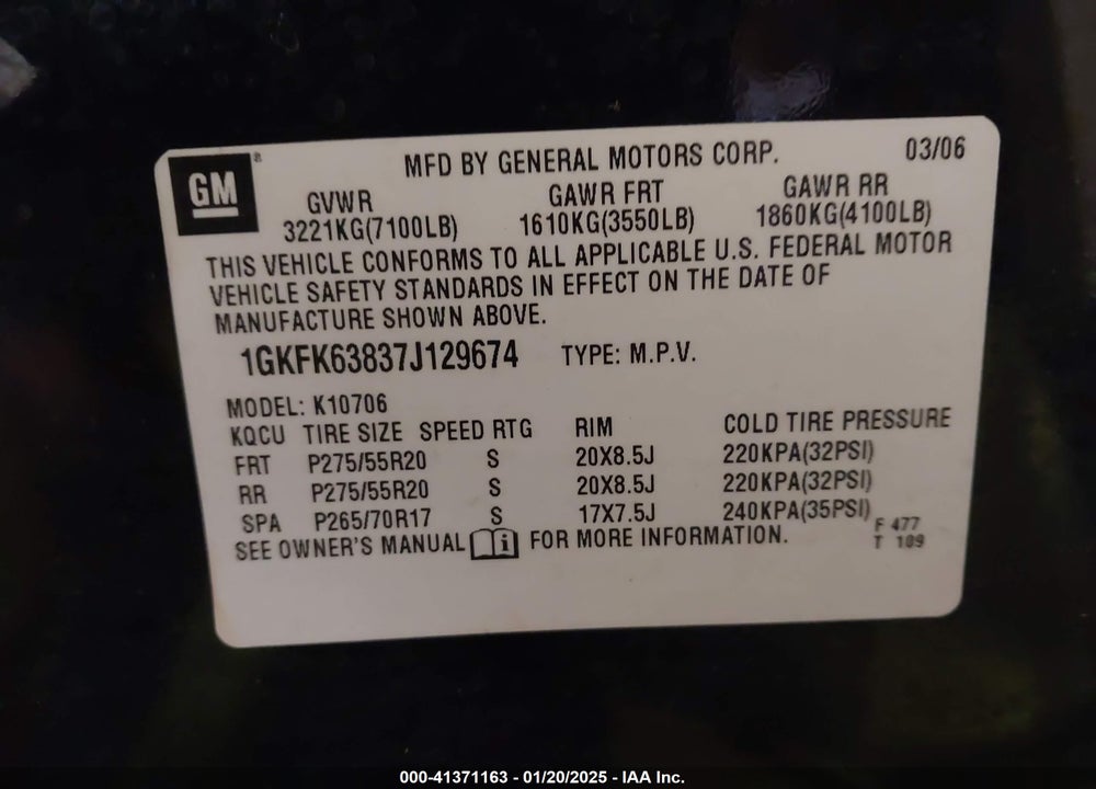 2007 GMC YUKON VIN: 1GKFK63837J129674