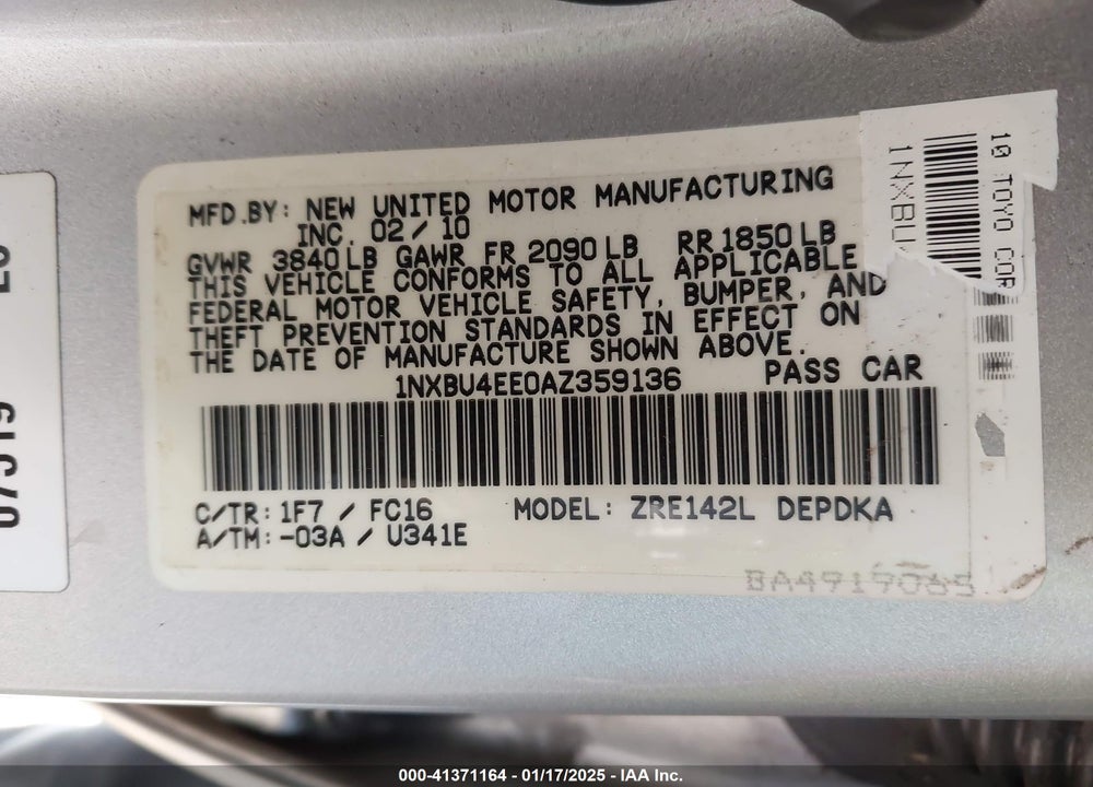 2010 TOYOTA COROLLA LE VIN: 1NXBU4EE0AZ359136
