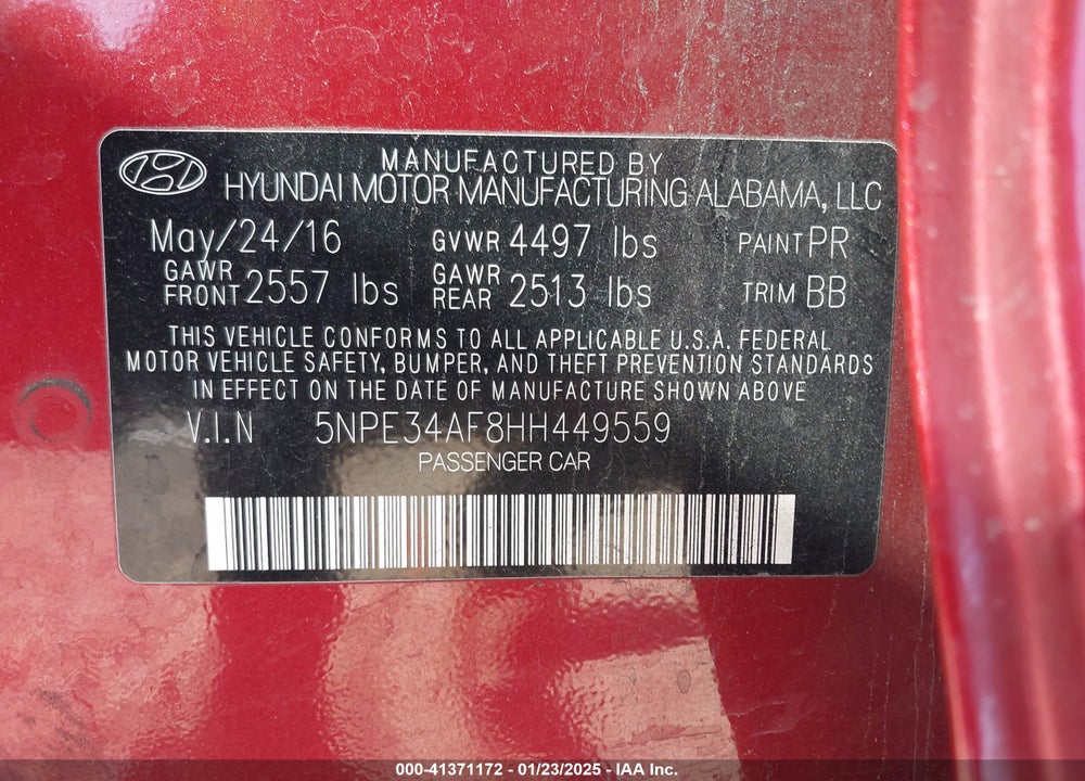 2017 HYUNDAI SONATA VIN: 5NPE34AF8HH449559