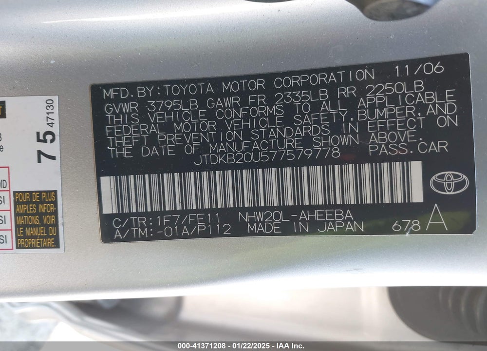2007 TOYOTA PRIUS VIN: JTDKB20U577579778