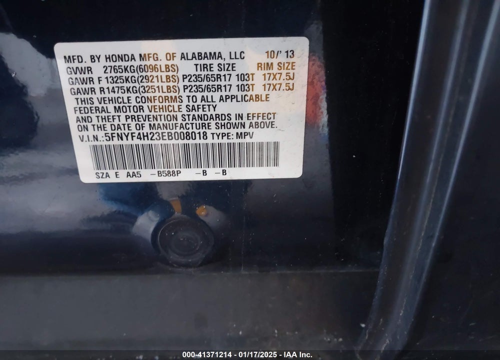2014 HONDA PILOT LX VIN: 5FNYF4H23EB008018
