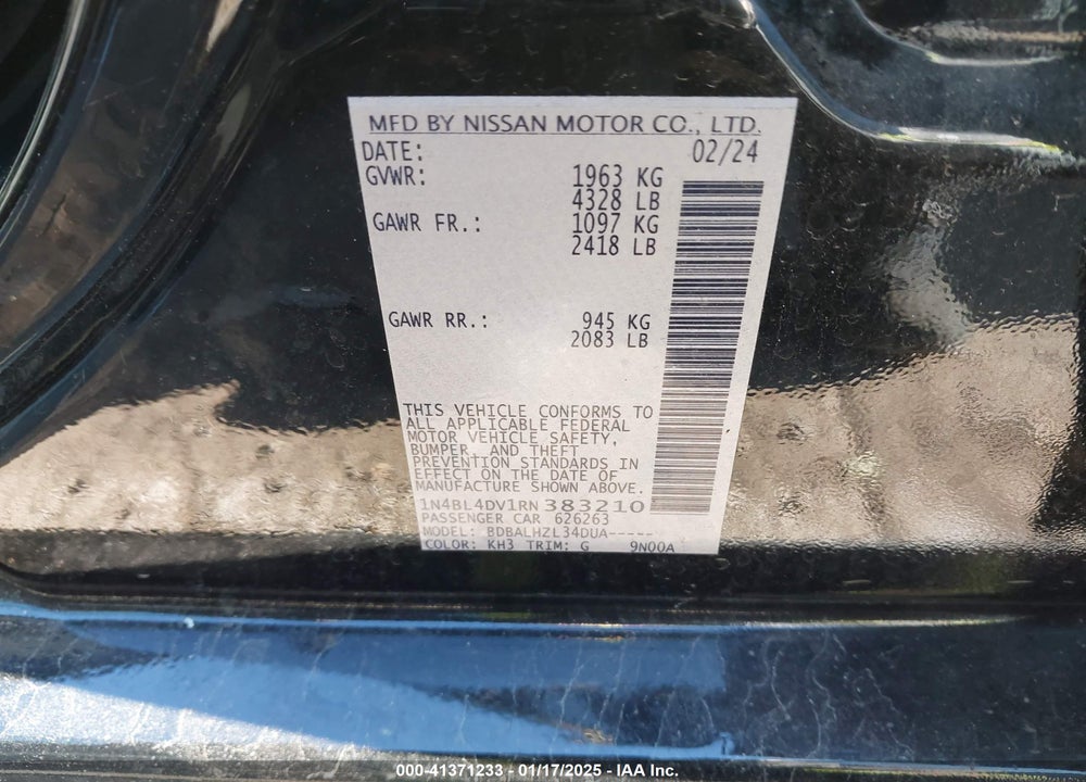 2024 NISSAN ALTIMA SV FWD VIN: 1N4BL4DV1RN383210