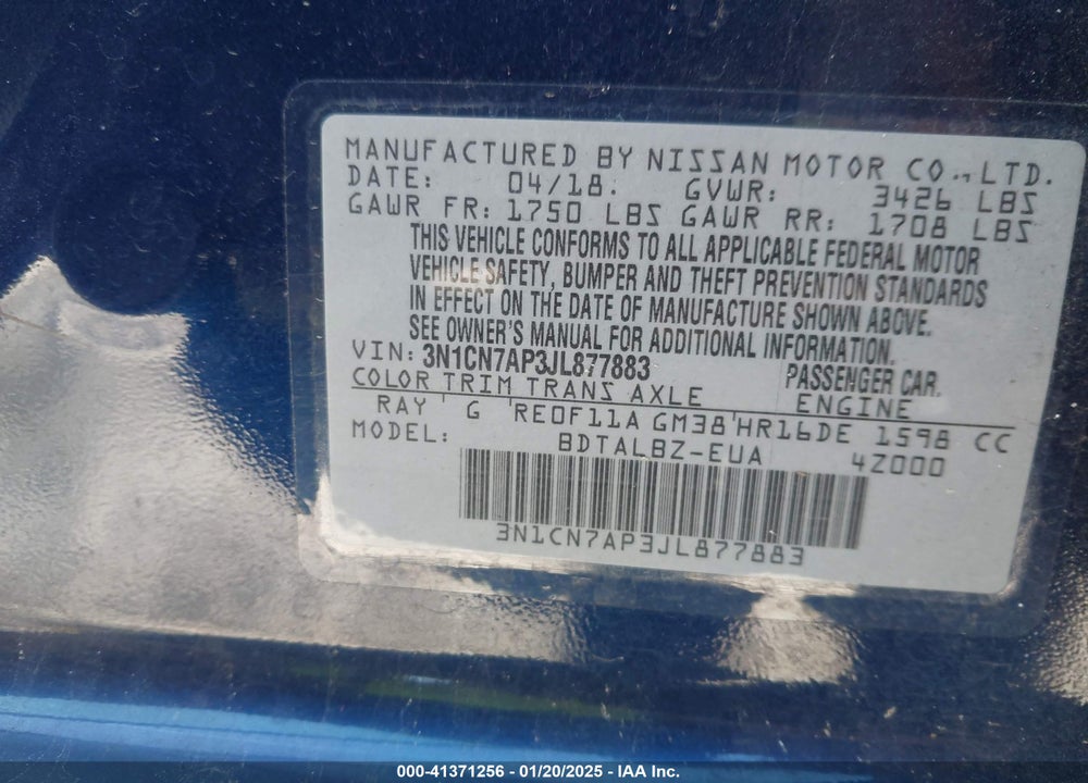 2018 NISSAN VERSA 1.6 SV VIN: 3N1CN7AP3JL877883