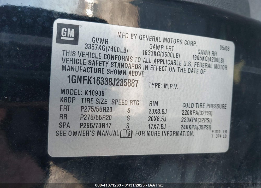 2008 CHEVROLET SUBURBAN 1500 LTZ VIN: 1GNFK16338J235887