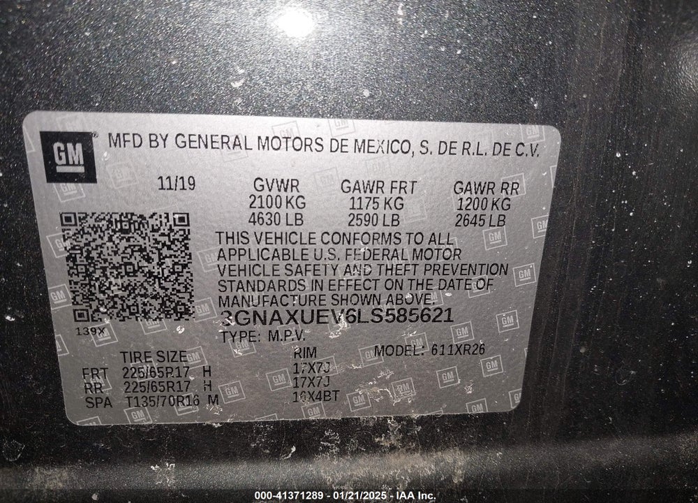 2020 CHEVROLET EQUINOX AWD LT 1.5L TURBO VIN: 3GNAXUEV6LS585621