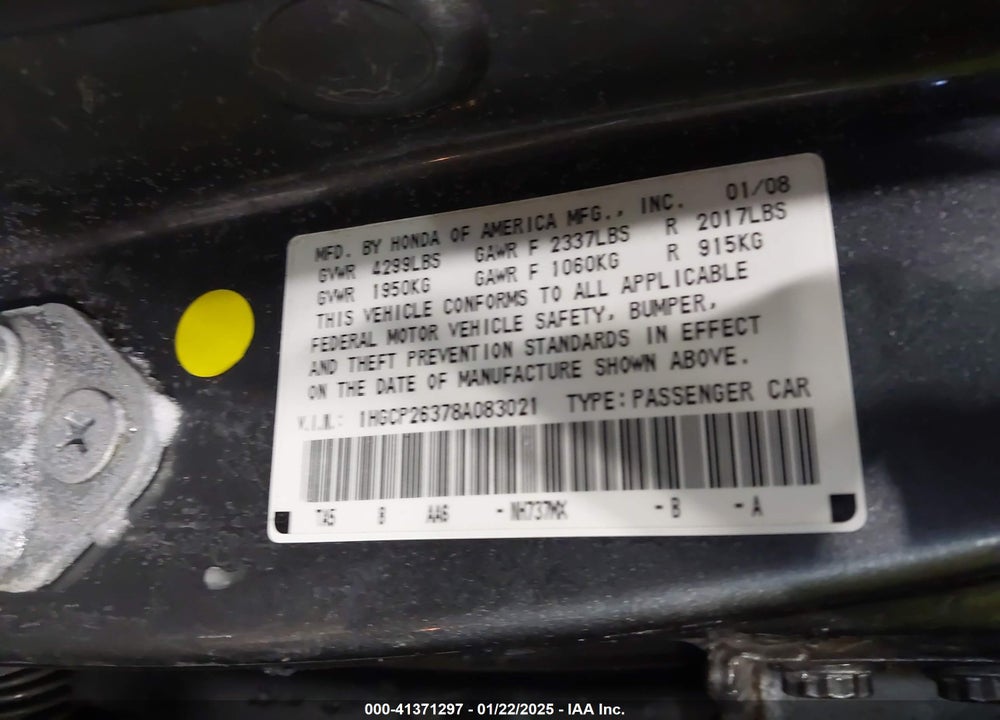 2008 HONDA ACCORD 2.4 LX VIN: 1HGCP26378A083021