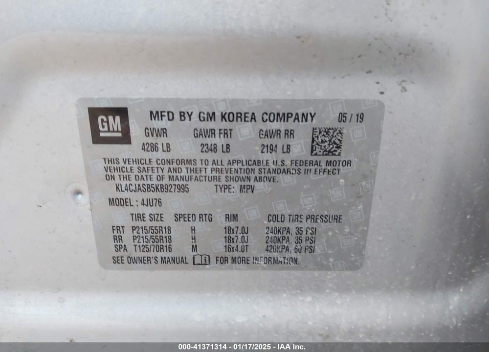 2019 BUICK ENCORE FWD PREFERRED VIN: KL4CJASB5KB927995