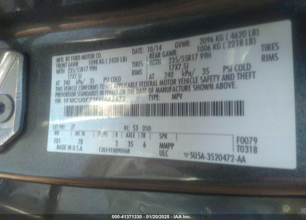 2015 FORD ESCAPE VIN: 1FMCU0F73FUA42472