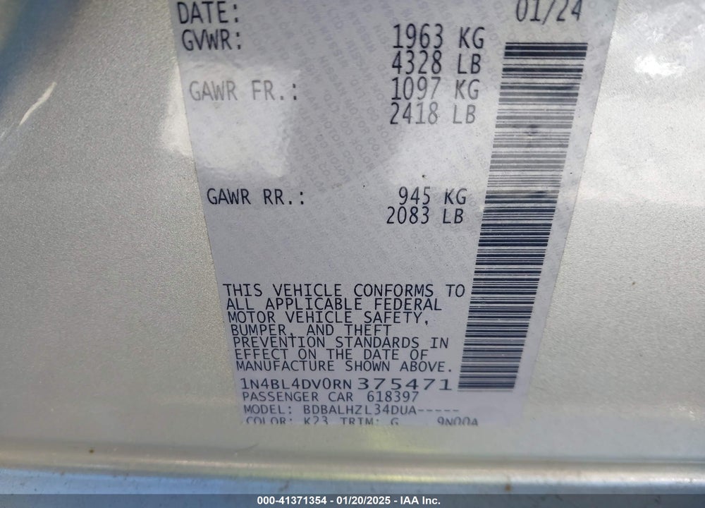 2024 NISSAN ALTIMA SV FWD VIN: 1N4BL4DV0RN375471