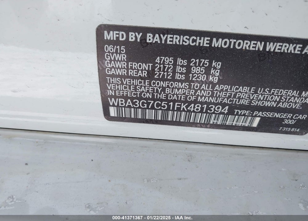 2015 BMW 3 SERIES VIN: WBA3G7C51FK481394