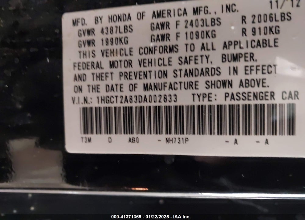 2013 HONDA ACCORD VIN: 1HGCT2A83DA002833