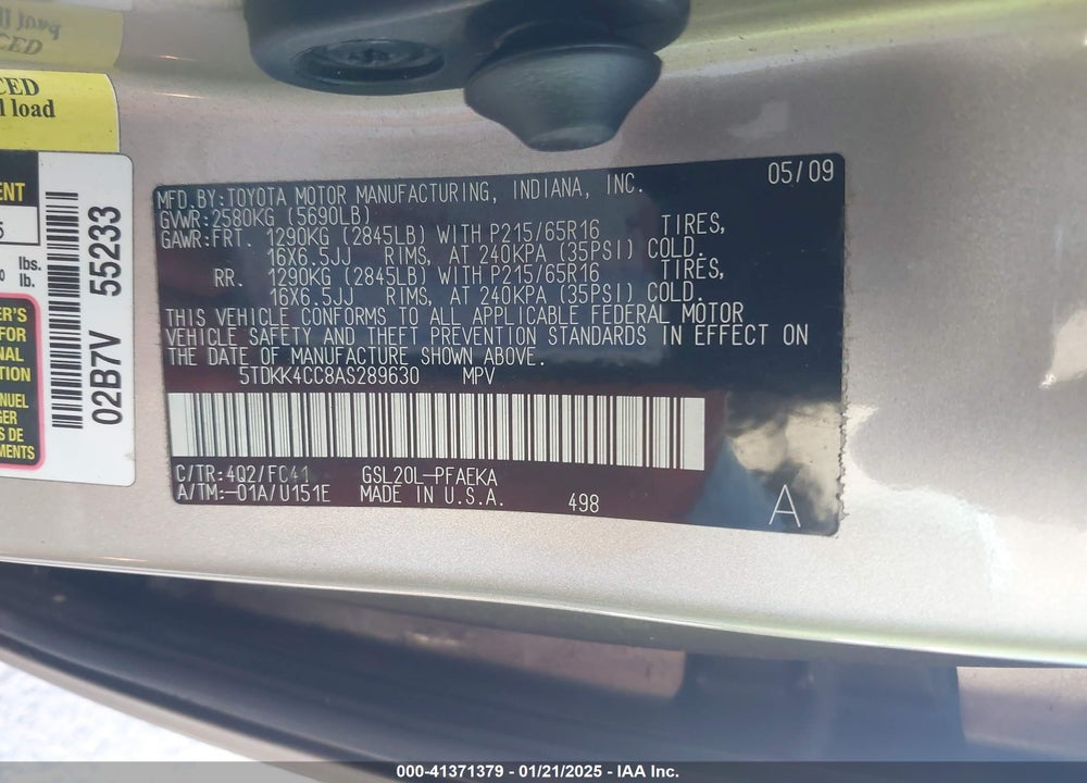 2010 TOYOTA SIENNA VIN: 5TDKK4CC8AS289630