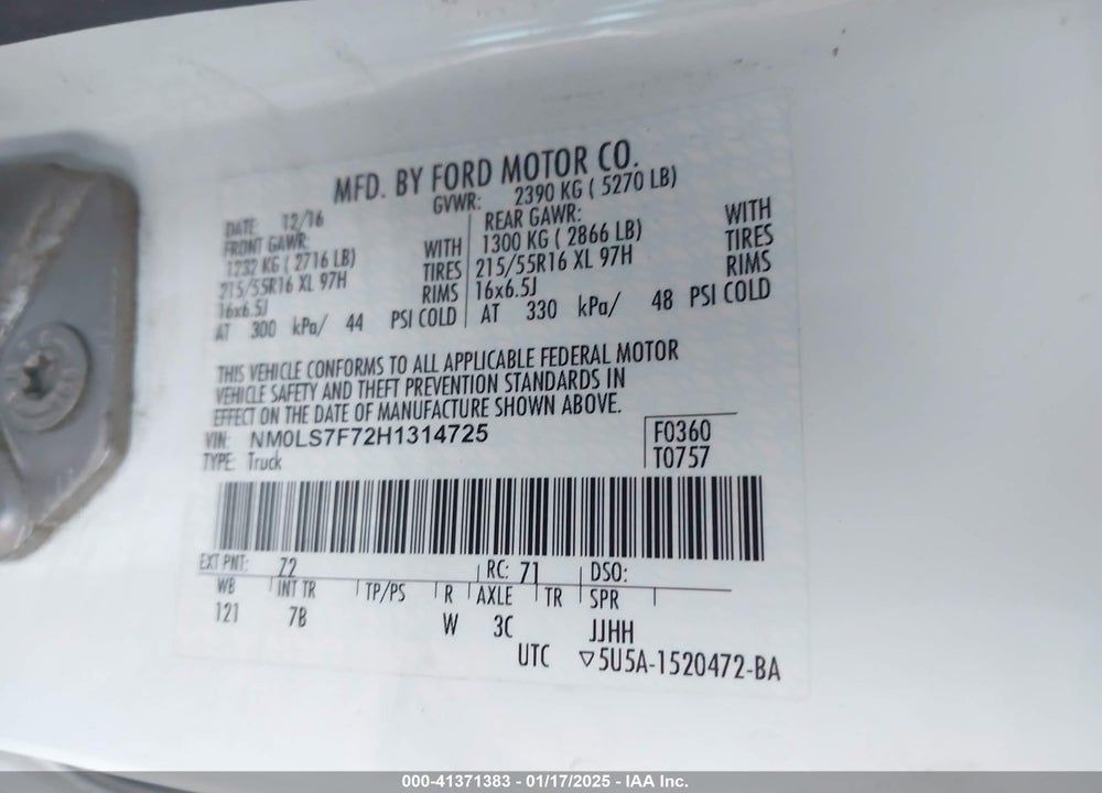 2017 FORD TRANSIT CONNECT XLT VIN: NM0LS7F72H1314725