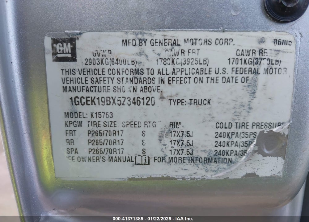 2005 CHEVROLET SILVERADO 1500 LS VIN: 1GCEK19BX5Z346120