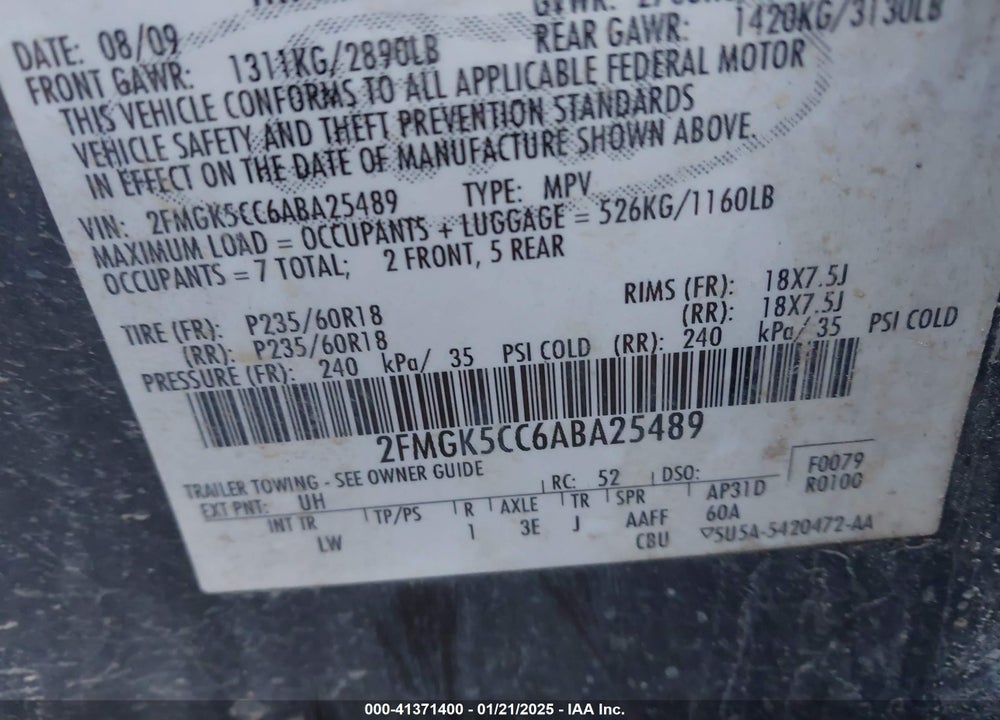 2010 FORD FLEX SEL VIN: 2FMGK5CC6ABA25489