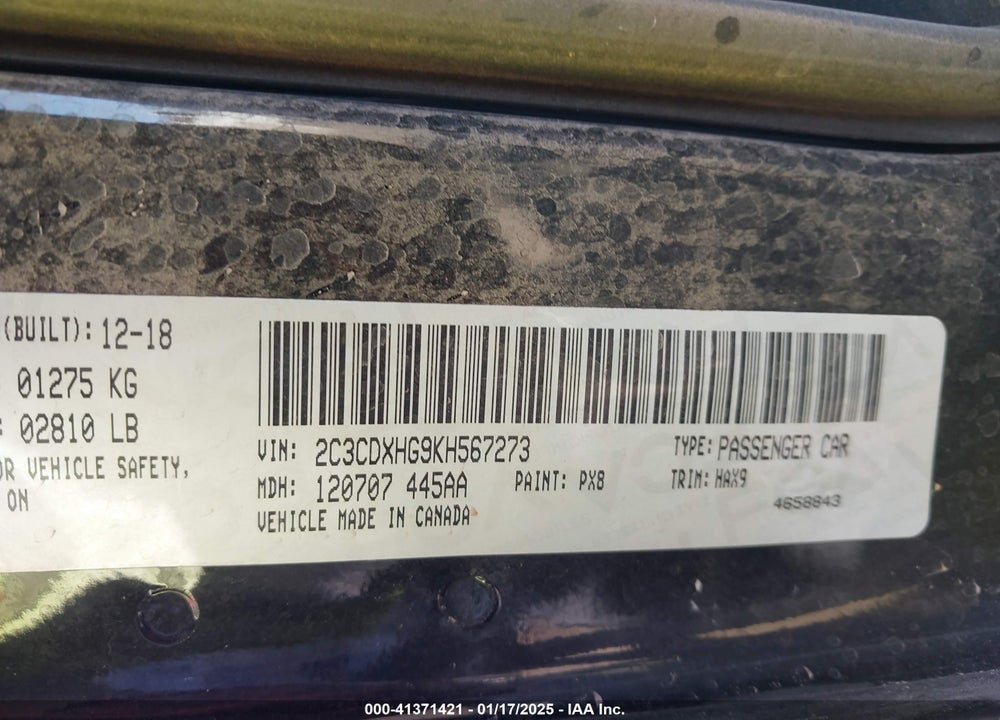 2019 DODGE CHARGER GT RWD VIN: 2C3CDXHG9KH567273