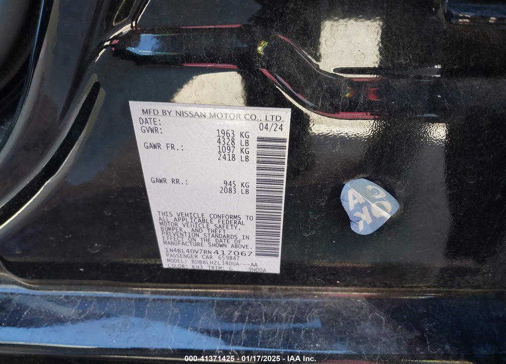 2024 NISSAN ALTIMA SV FWD VIN: 1N4BL4DV7RN417067