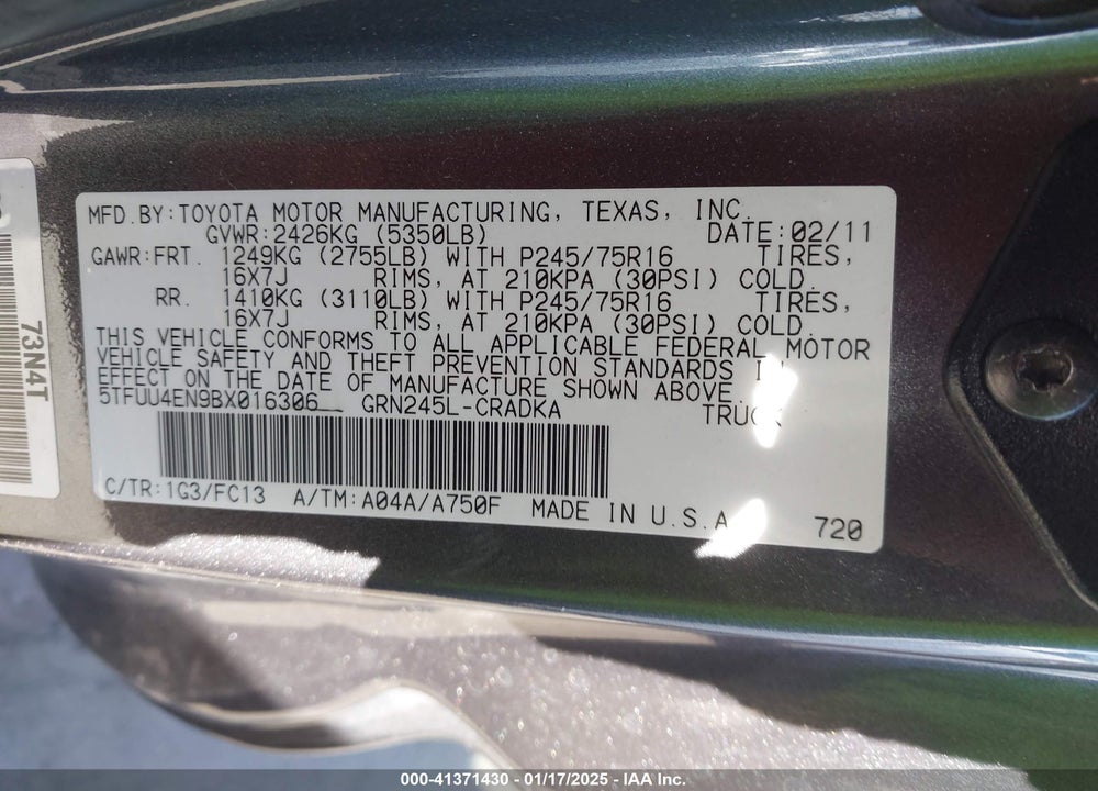 2011 TOYOTA TACOMA ACCESS CAB VIN: 5TFUU4EN9BX016306