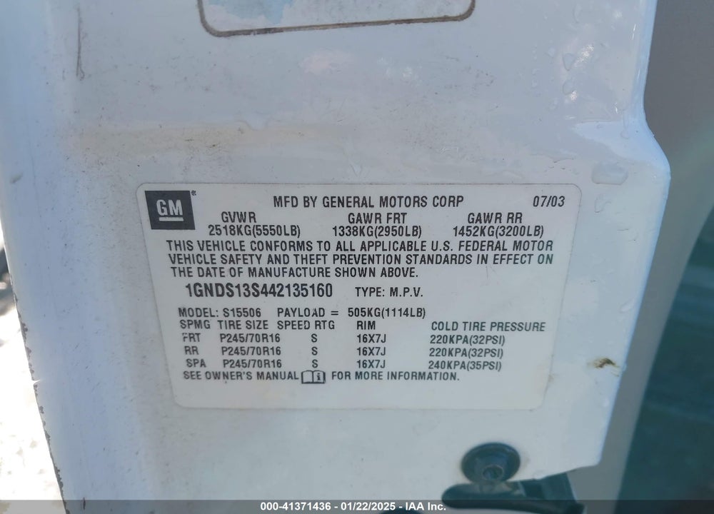 2004 CHEVROLET TRAILBLAZER LS VIN: 1GNDS13S442135160