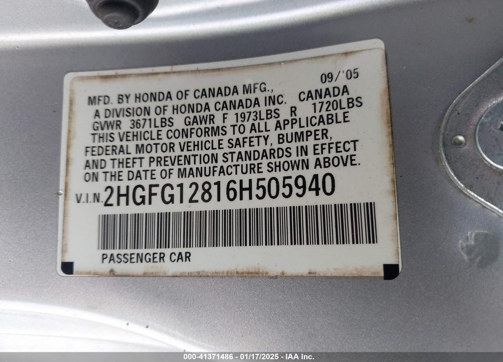 2006 HONDA CIVIC EX VIN: 2HGFG12816H505940