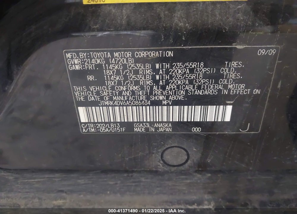 2010 TOYOTA RAV4 SPORT VIN: JTMRK4DV6A5086434