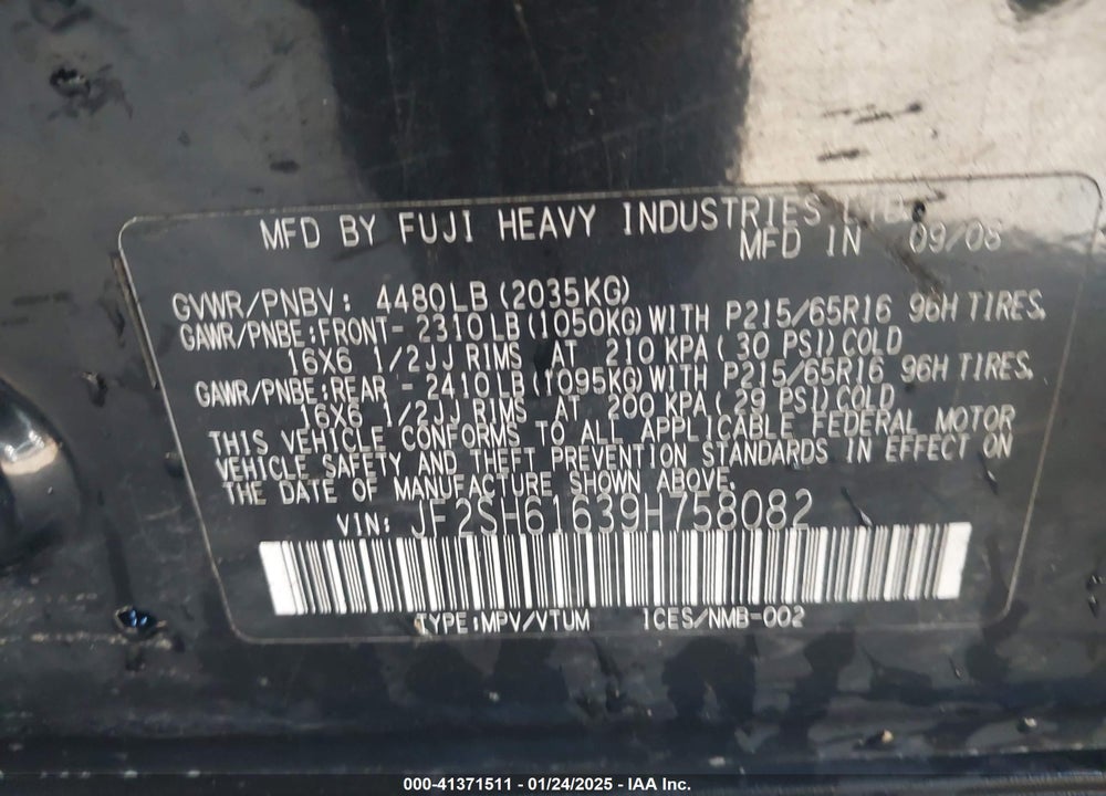 2009 SUBARU FORESTER 2.5X VIN: JF2SH61639H758082