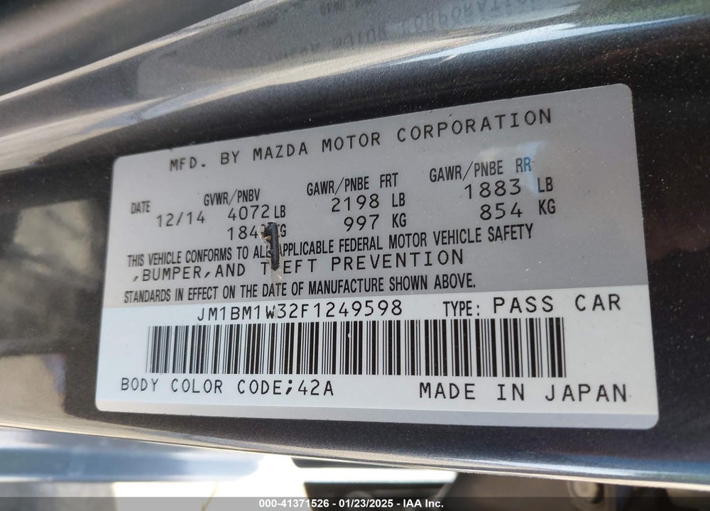 2015 MAZDA MAZDA3 VIN: JM1BM1W32F1249598