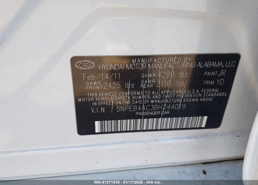 2011 HYUNDAI SONATA VIN: 5NPEB4AC3BH244019