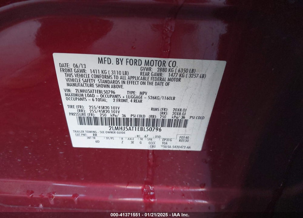 2014 LINCOLN MKT ECOBOOST VIN: 2LMHJ5AT1EBL50796