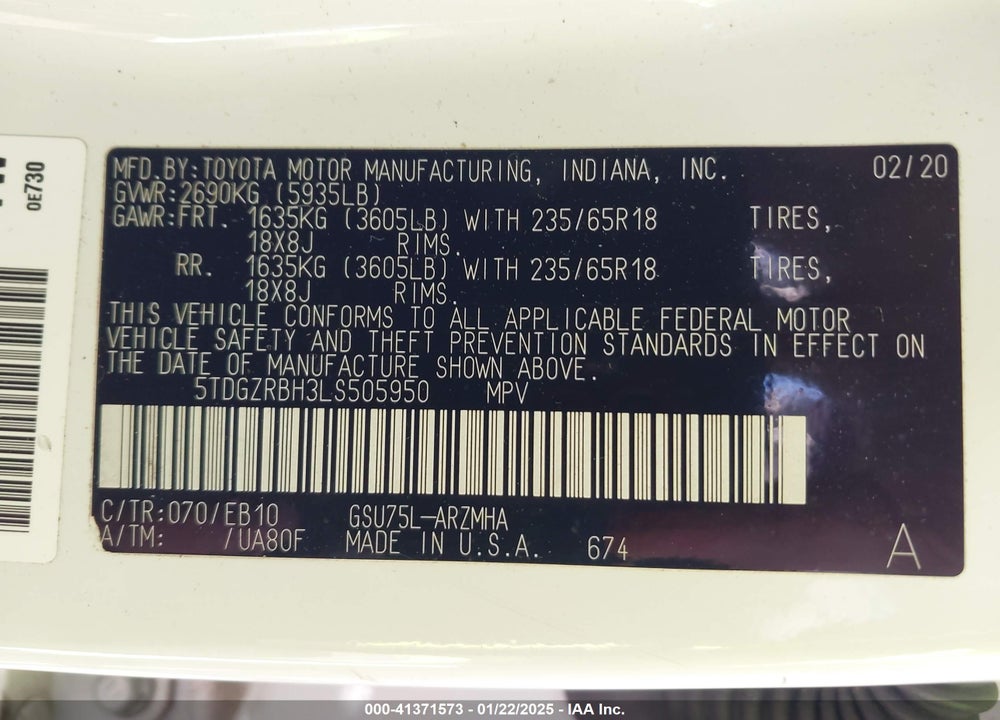 2020 TOYOTA HIGHLANDER XLE VIN: 5TDGZRBH3LS505950
