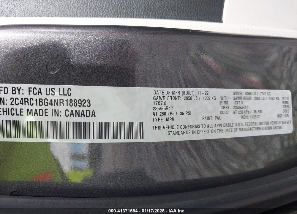 2022 CHRYSLER PACIFICA TOURING L VIN: 2C4RC1BG4NR188923