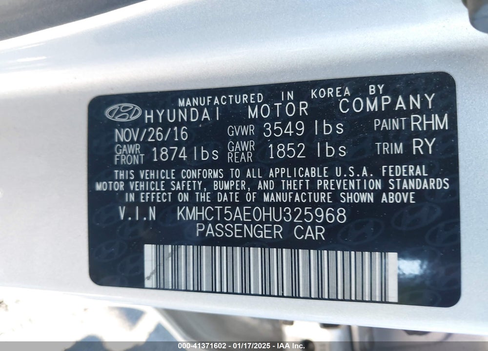 2017 HYUNDAI ACCENT VIN: KMHCT5AE0HU325968
