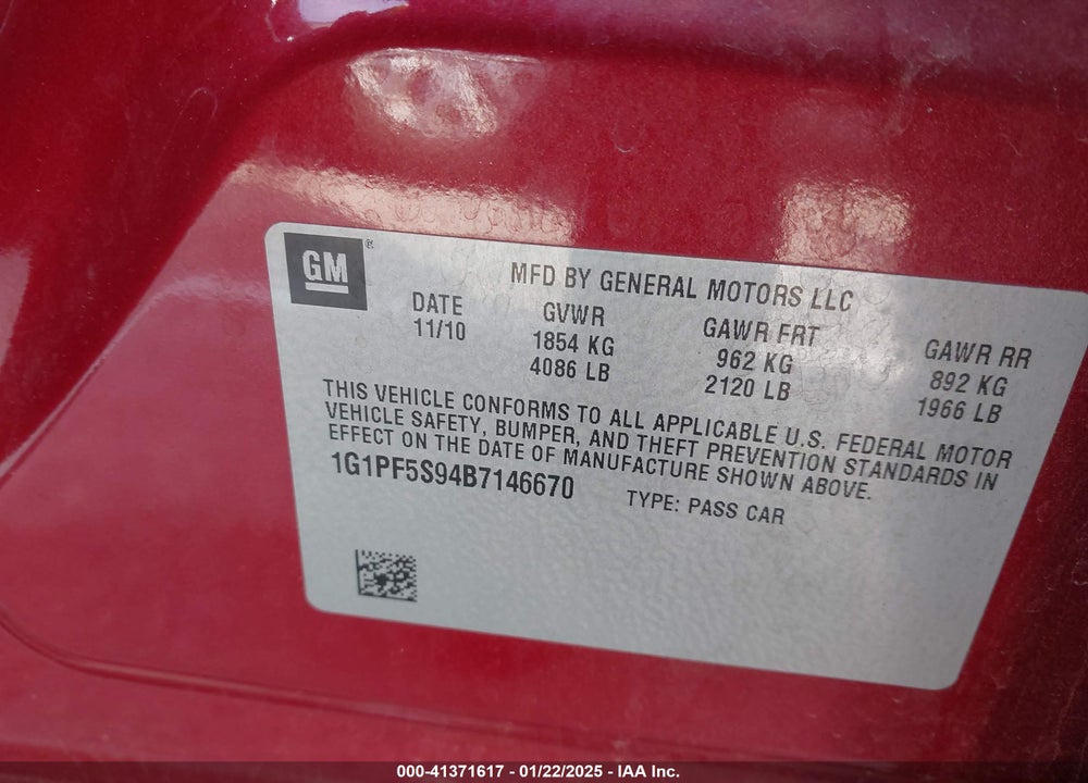 2011 CHEVROLET CRUZE 1LT VIN: 1G1PF5S94B7146670