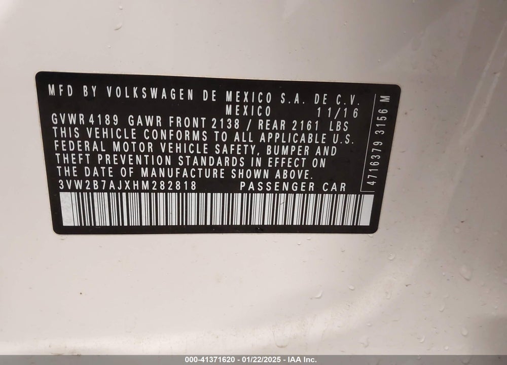 2017 VOLKSWAGEN JETTA VIN: 3VW2B7AJXHM282818